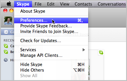menu bar Skype and Preferences
